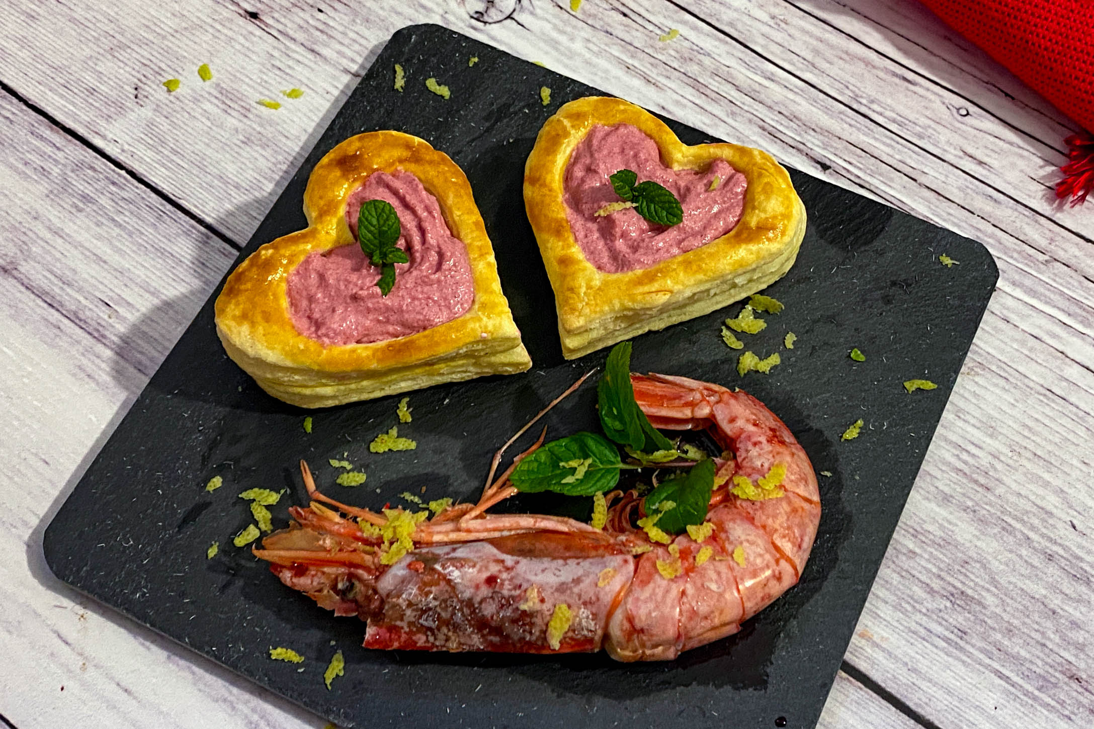Beetroot hearts and prawns